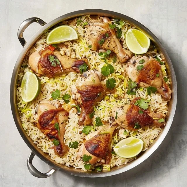Delicious easy chicken and rice recipe served on a plate with herbs.