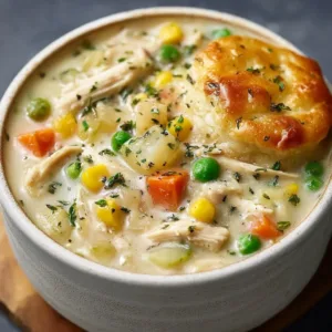 Bowl of easy chicken pot pie soup with vegetables and biscuits on top