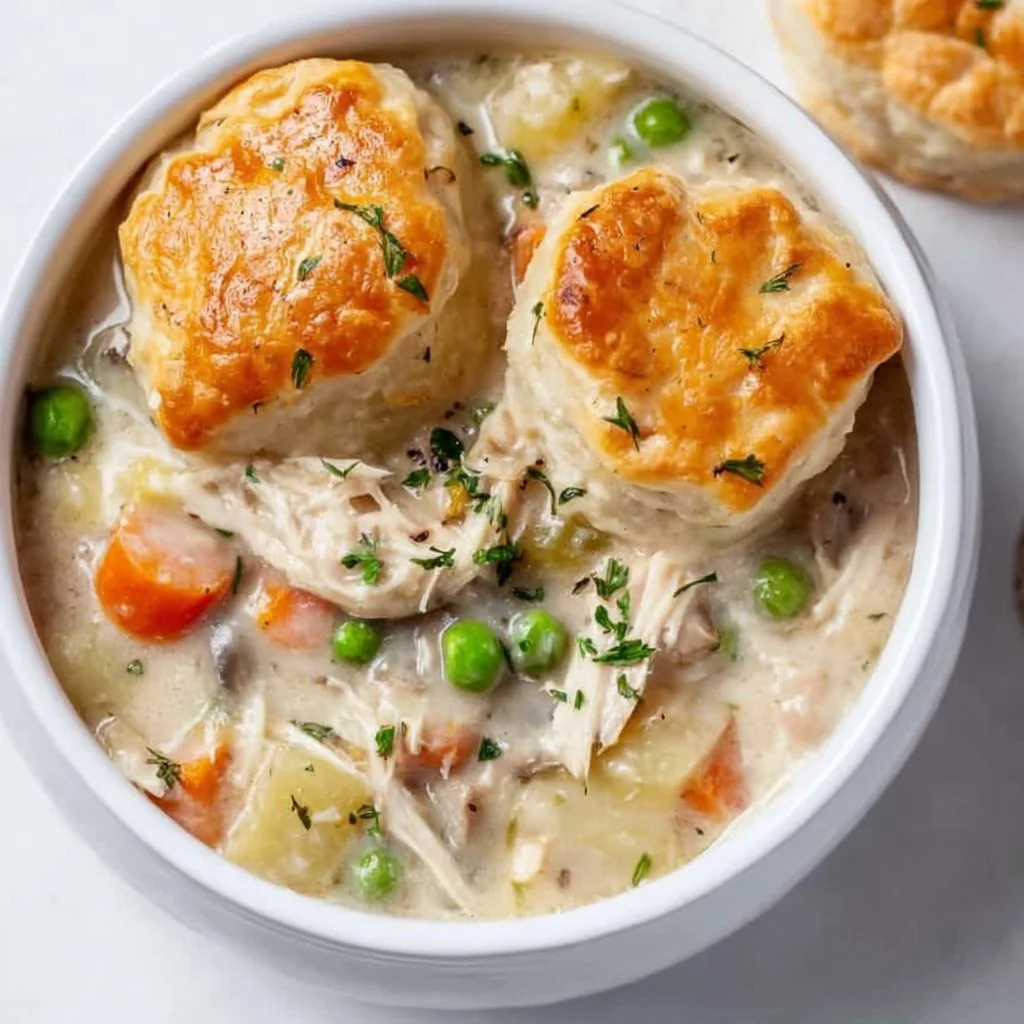 Bowl of easy chicken pot pie soup with vegetables and herbs