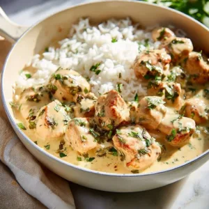 Delicious easy coconut lime chicken dish garnished with fresh lime and coconut.