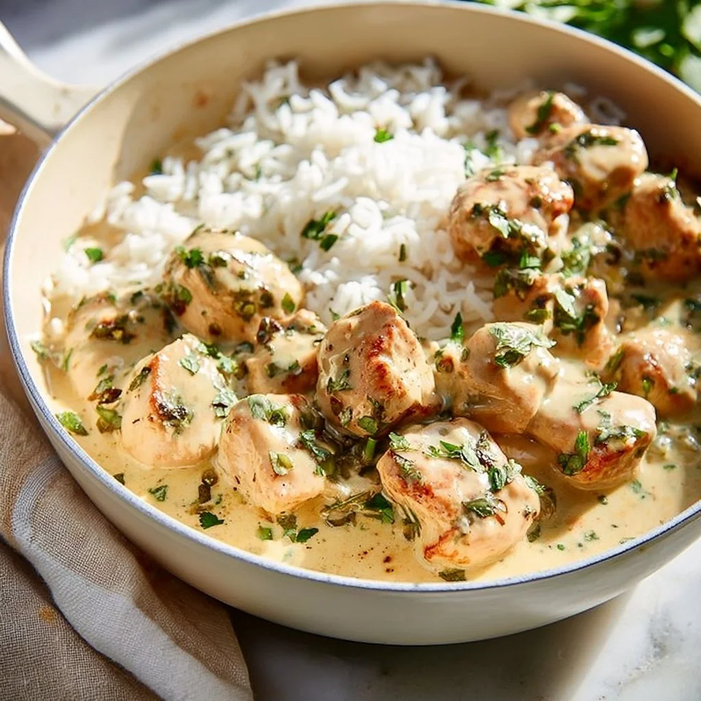 Delicious easy coconut lime chicken dish garnished with fresh lime and coconut.