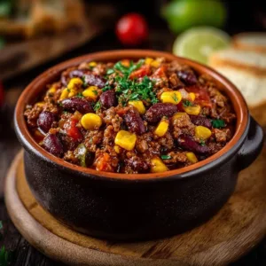 Delicious easy cowboy casserole made in a crockpot, served in a bowl.