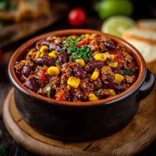 Delicious easy cowboy casserole made in a crockpot, served in a bowl.
