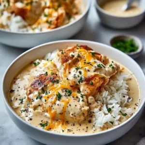 Easy creamy chicken and rice dish served in a bowl