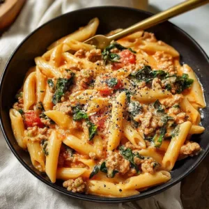 Bowl of easy ground chicken pasta garnished with herbs
