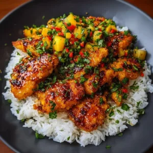 Plate of easy hot honey chicken with garnishes, ideal for quick dinners.