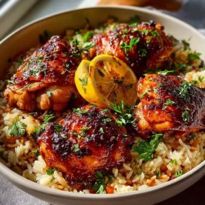 Easy lemon chicken thighs served with fluffy rice
