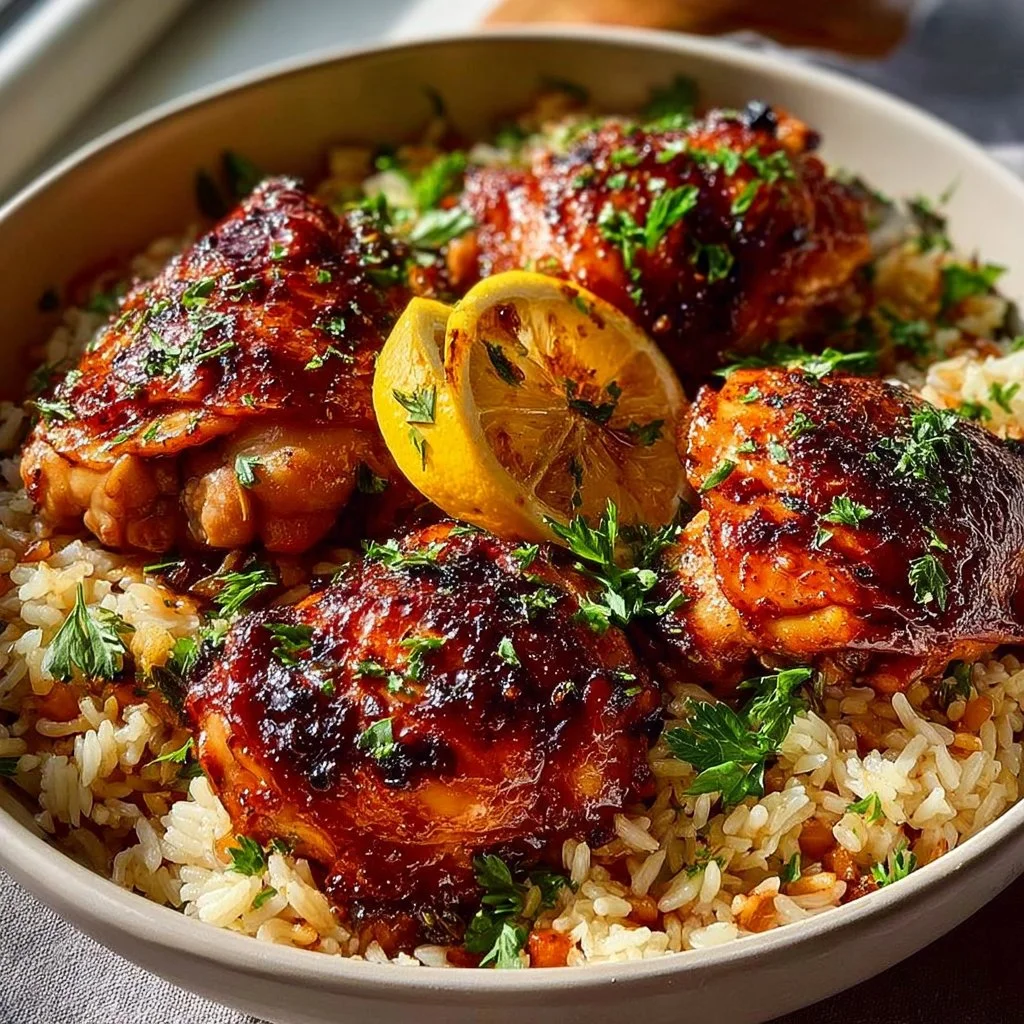 Easy lemon chicken thighs served with fluffy rice