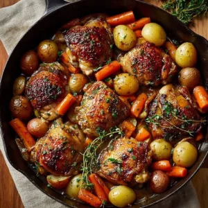 One pan chicken thighs dinner with veggies ready to serve
