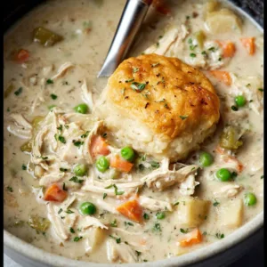 Bowl of easy slow cooker chicken pot pie soup topped with herbs
