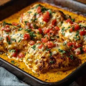 Delicious dish of flavorful baked queso chicken topped with melted cheese