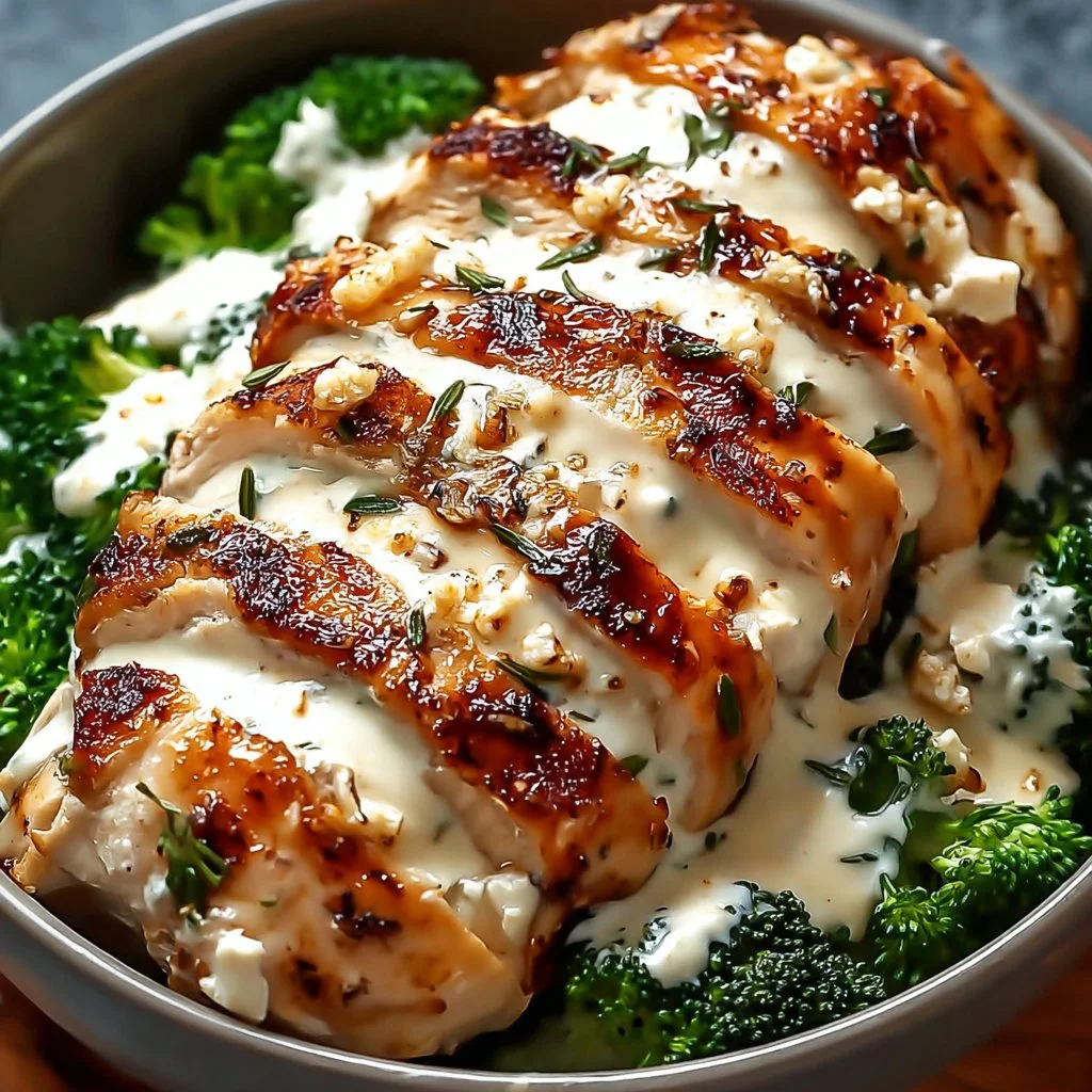 Grilled chicken broccoli bowls with vibrant vegetables and a tasty sauce.