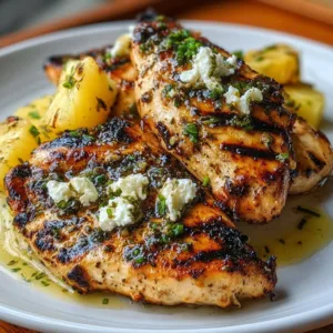 Grilled pineapple chicken with vibrant colors and delicious garnishes.