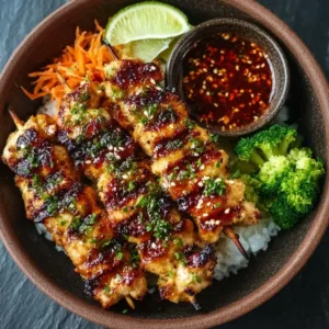 Grilled Thai Coconut Chicken skewers on a platter with fresh herbs