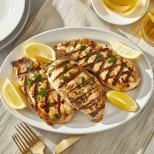 Healthy grilled chicken breast recipe served with vegetables on a plate.
