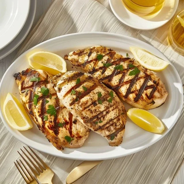 Healthy grilled chicken breast recipe served with vegetables on a plate.