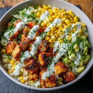 Healthy Street Corn Chicken Bowl with grilled chicken and corn toppings