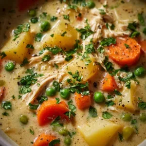 High protein chicken pot pie soup in a bowl with vegetables and herbs