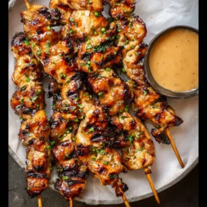Honey Garlic Chicken Skewers with a delicious sauce served on a platter