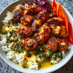 Hot honey chicken bowl with rice and vegetables