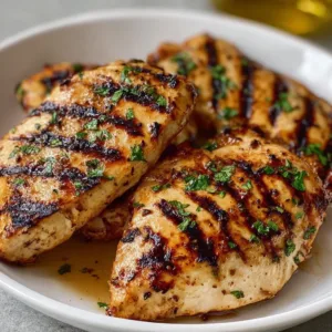 A perfectly grilled juicy chicken breast on a plate with fresh herbs.