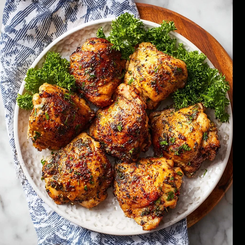 Juicy oven baked skinless chicken thighs plated with vegetables
