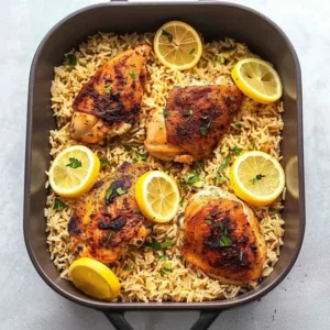 Lemon chicken thighs served on a plate with rice and herbs