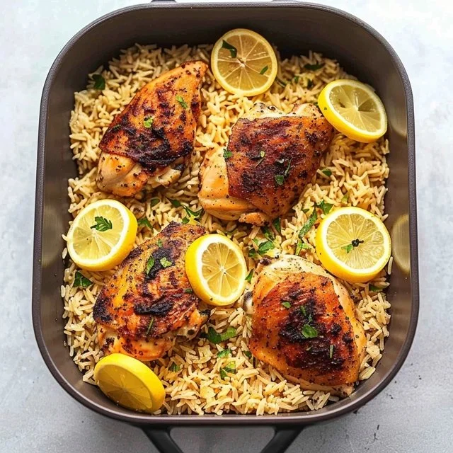 Lemon chicken thighs served on a plate with rice and herbs