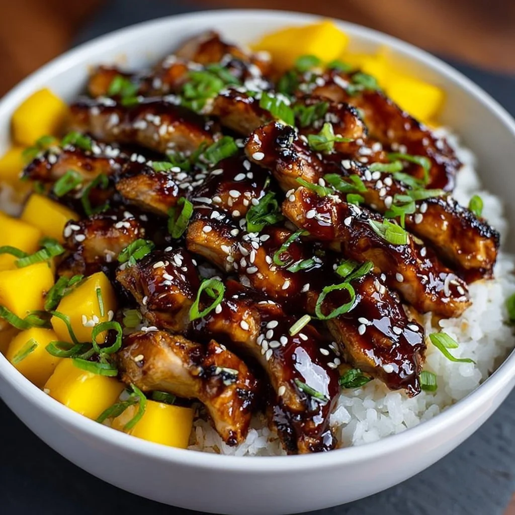 Delicious Mango Glazed Chicken garnished with fresh mango slices and herbs
