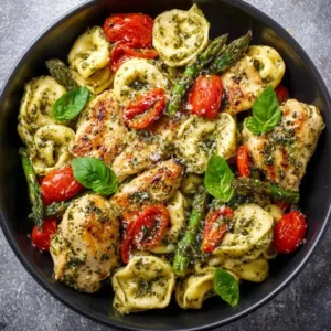One-pan pesto chicken tortellini with colorful veggies ready to serve.