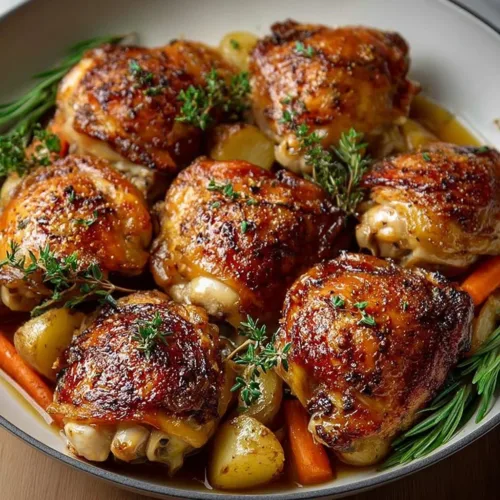 One pan roasted chicken thighs seasoned and cooked to perfection