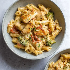 One Pot Chicken and Broccoli Pasta dish garnished and ready to serve