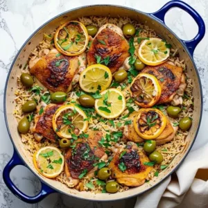One Pot Lemon Chicken Thighs and Rice served on a plate with lemon slices.