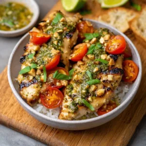Delicious pesto bruschetta chicken served with fresh tomatoes and basil