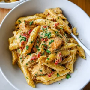 Creamy marry me chicken pasta dish served in a bowl with fresh herbs