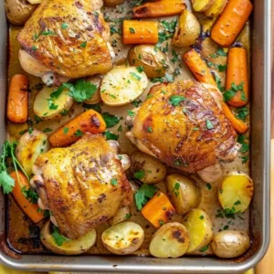 Delicious sheet pan chicken thighs cooked with vegetables on a baking tray