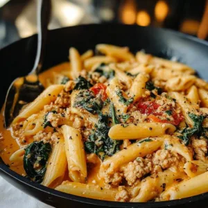 Plate of creamy ground chicken pasta with herbs and cheese