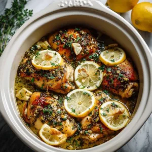 Slow cooker lemon garlic chicken dish garnished with fresh herbs.