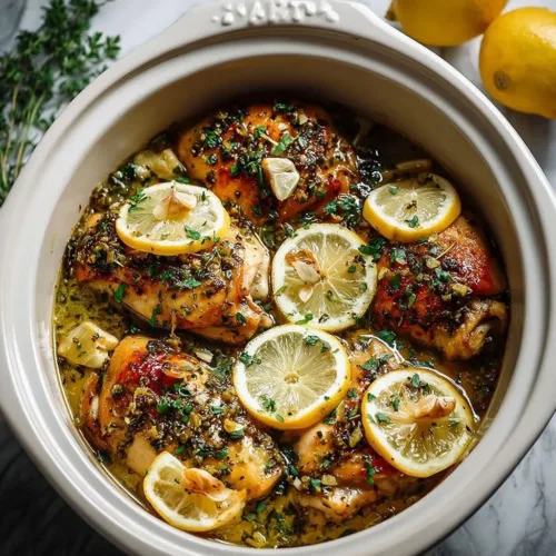 Slow cooker lemon garlic chicken dish garnished with fresh herbs.