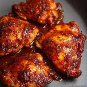 Sticky BBQ boneless chicken thighs on a grill