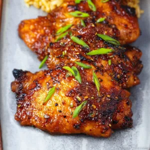 Sticky honey garlic chicken thighs plated with herbs and sesame seeds
