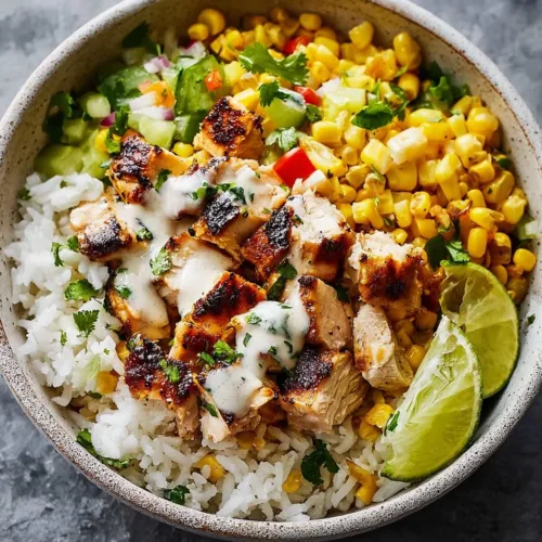 Delicious Street Corn Chicken Rice Bowl ready for summer dinner