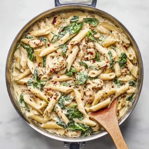 A delicious plate of Sun-Dried Tomato Chicken Pasta garnished with fresh basil.