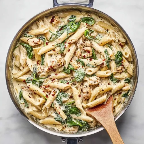 A delicious plate of Sun-Dried Tomato Chicken Pasta garnished with fresh basil.