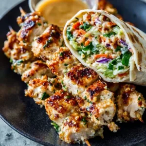 Thai Peanut Chicken Wrap filled with fresh ingredients and creamy peanut sauce