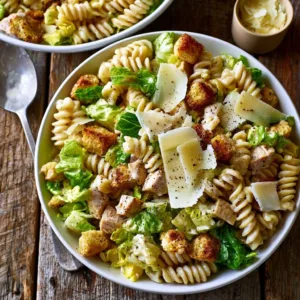 Delicious 20-minute Chicken Caesar Pasta Salad with grilled chicken and romaine