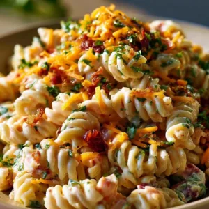 Delicious Bacon Ranch Pasta Salad with crispy bacon and fresh vegetables