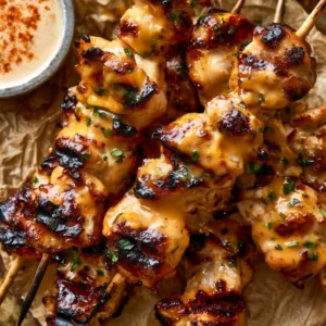 Delicious Bang Bang Chicken Skewers served with spicy sauce