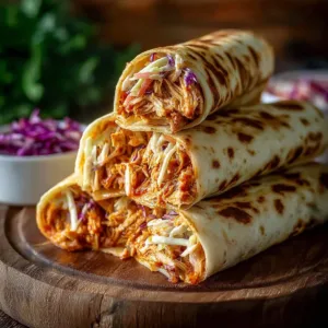BBQ chicken coleslaw wraps ready to be served on a plate.