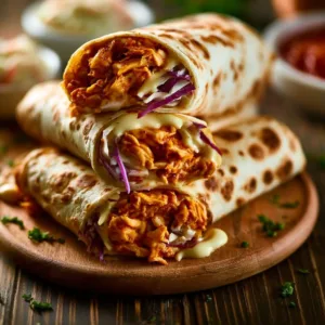 BBQ chicken wraps filled with coleslaw for a delicious meal